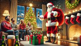 DALL·E 2024-12-22 15.29.00 - A photorealistic scene of Santa Claus delivering beer as gifts. Santa is dressed in his traditional red outfit with a big sack filled with beer bottle.webp